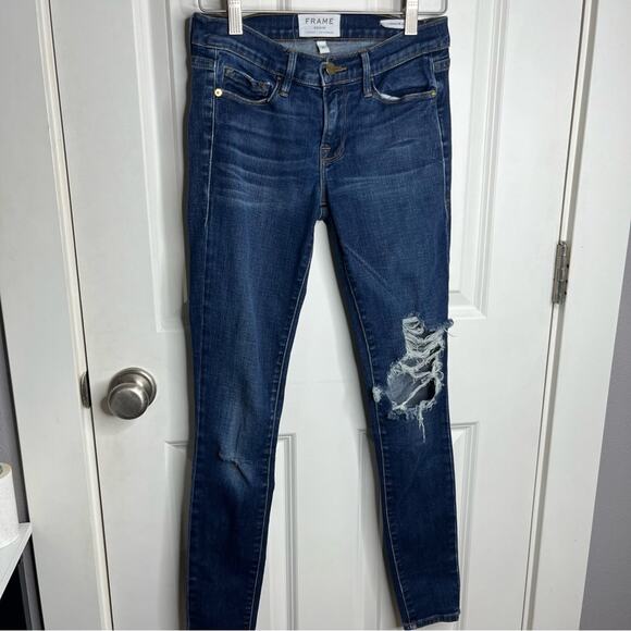 Frame Le Skinny De Jeanne Distressed Mid Rise Skinny Jeans Stellar Wash Size 25 - Picture 2 of 7